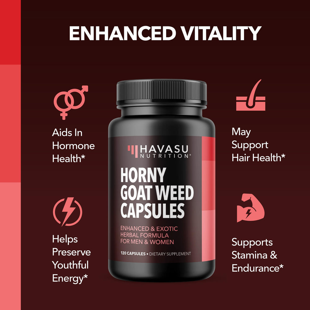 HAVASU NUTRITION Horny Goat Weed capsules close-up in supplement form.