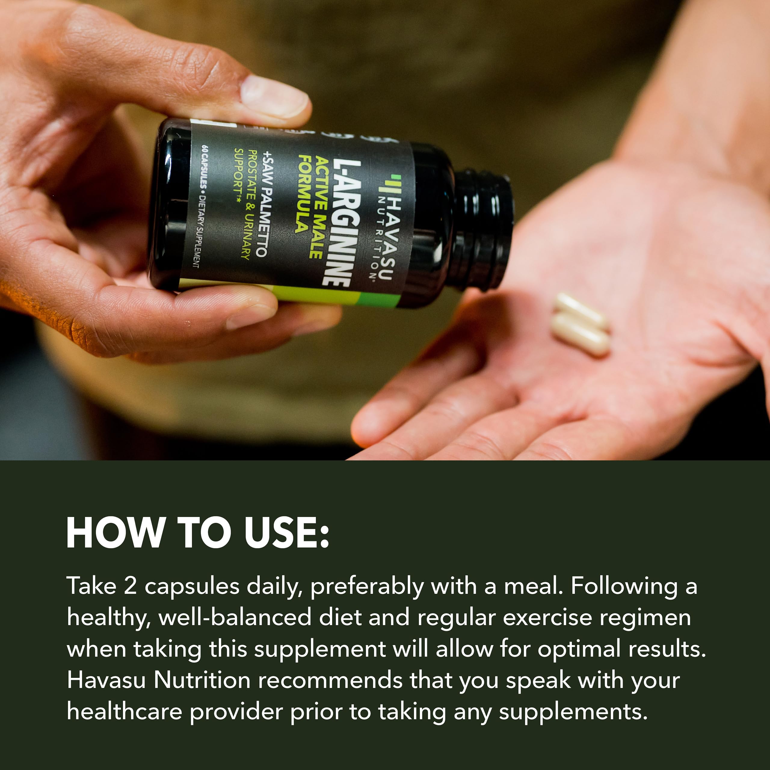 Havasu Nutrition ingredients panel highlighting L-Arginine and Saw Palmetto for balanced men's health