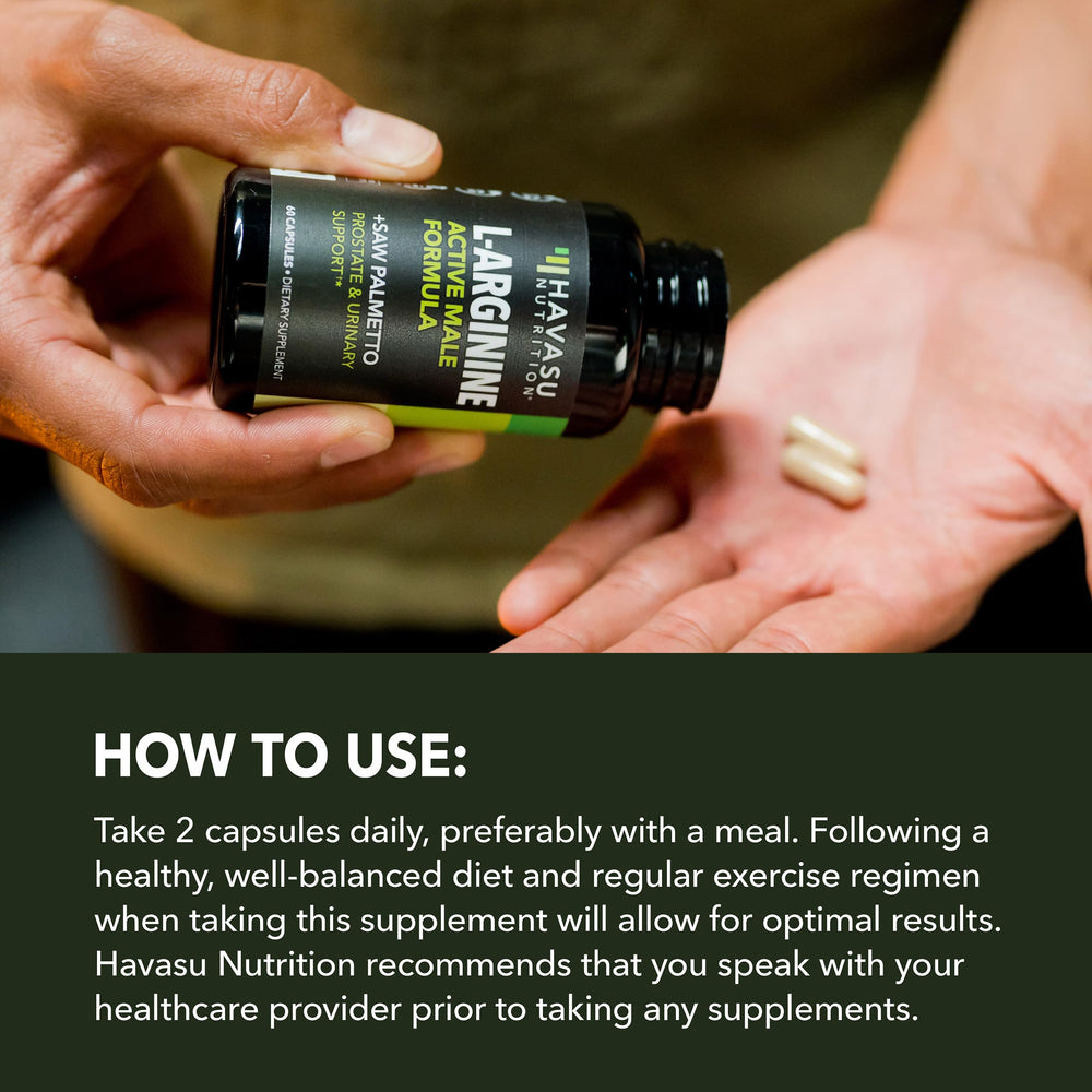 Havasu Nutrition ingredients panel highlighting L-Arginine and Saw Palmetto for balanced men's health