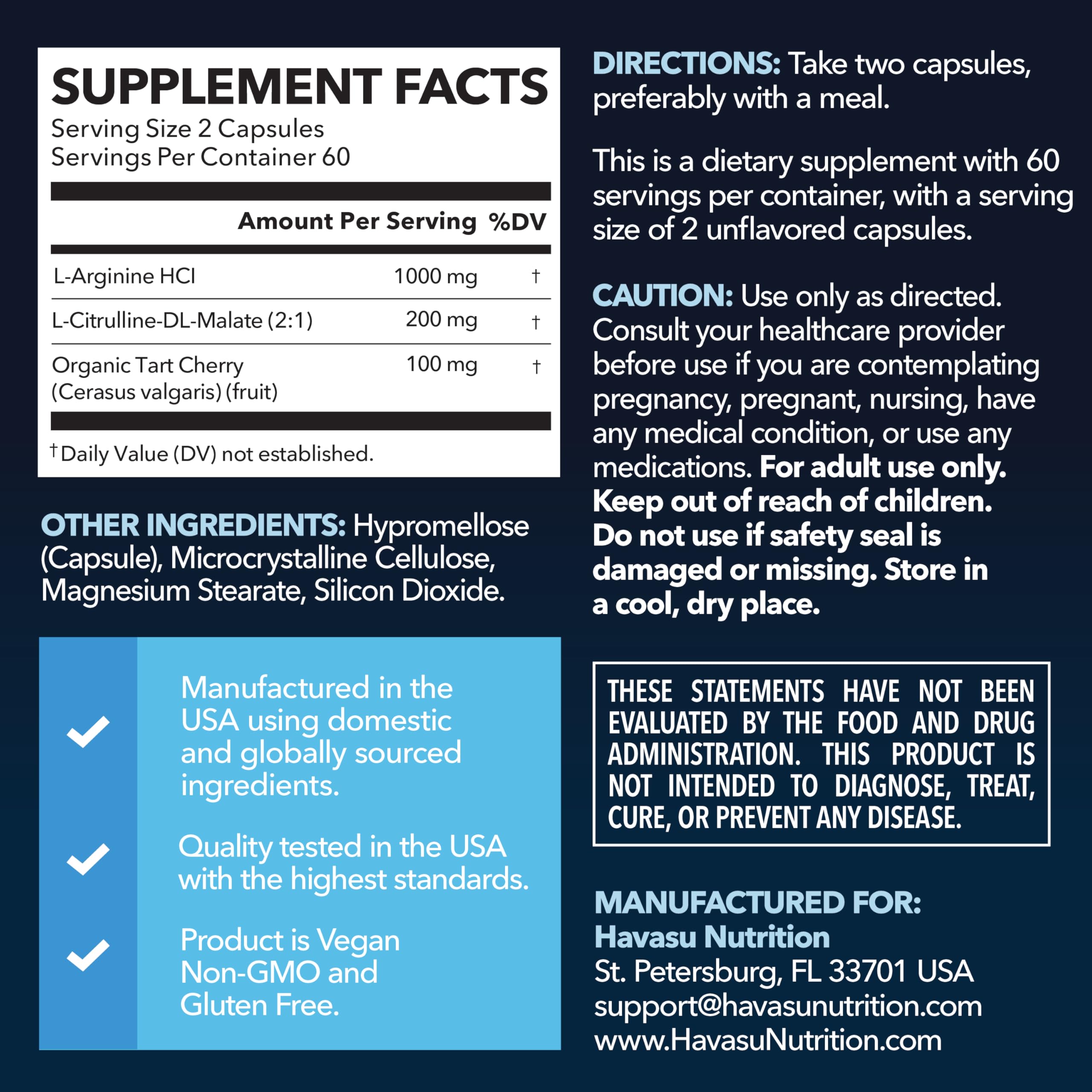 Havasu Nutrition label close-up showing vegan, non-GMO formula and performance blend.