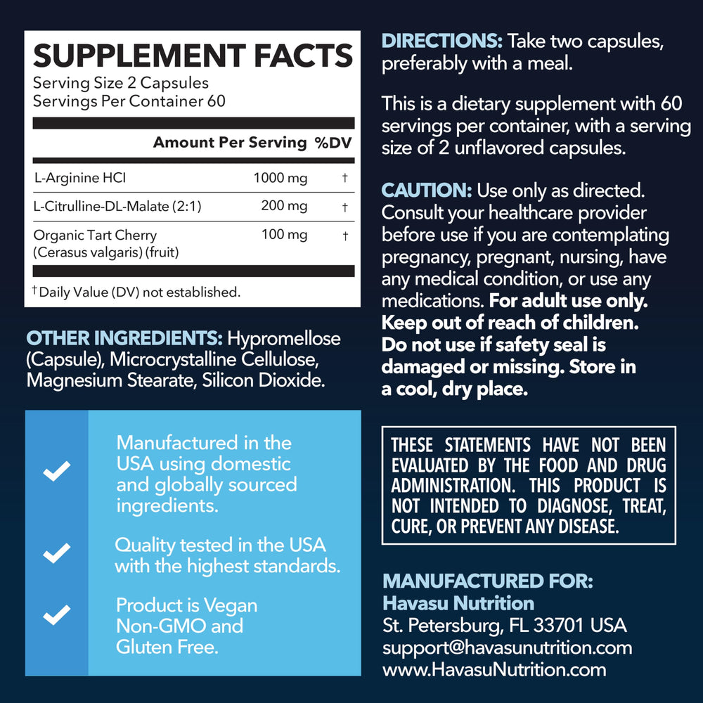 Havasu Nutrition label close-up showing vegan, non-GMO formula and performance blend.