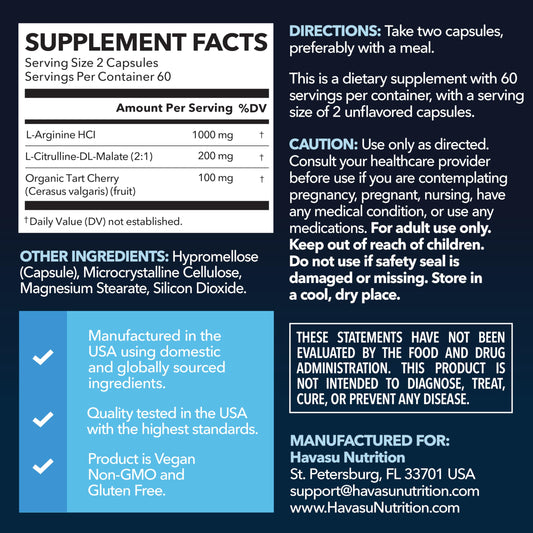 Havasu Nutrition label close-up showing vegan, non-GMO formula and performance blend.