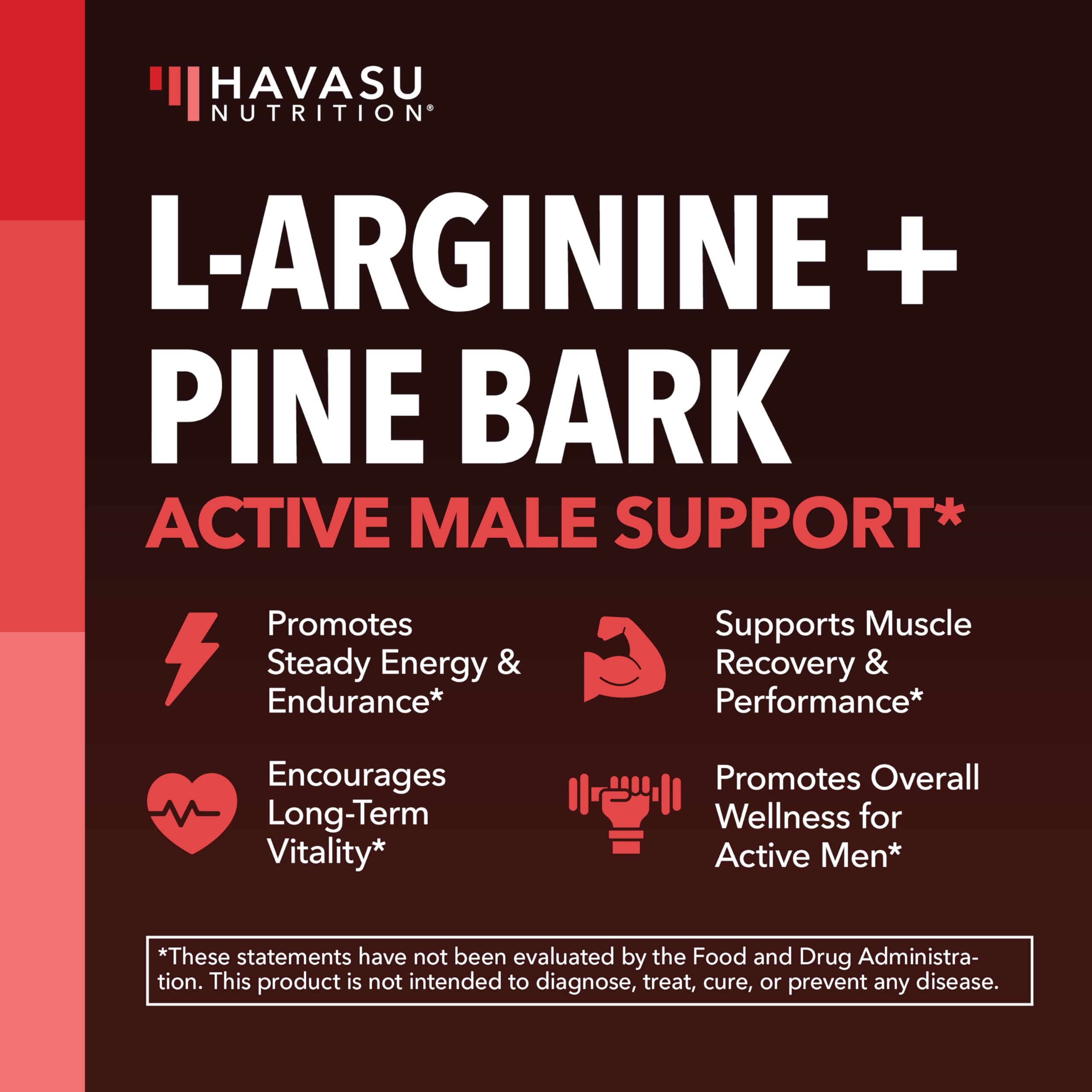 HAVASU Nutrition L-Arginine Pine Bark bottle label reveals ingredients and vegan promise.