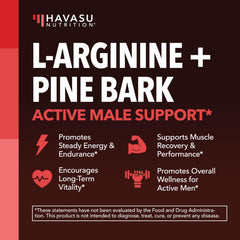 HAVASU Nutrition L-Arginine Pine Bark bottle label reveals ingredients and vegan promise.