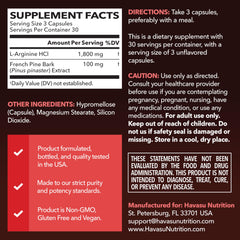 HAVASU Nutrition L-Arginine Pine Bark capsules close-up shows capsule texture.