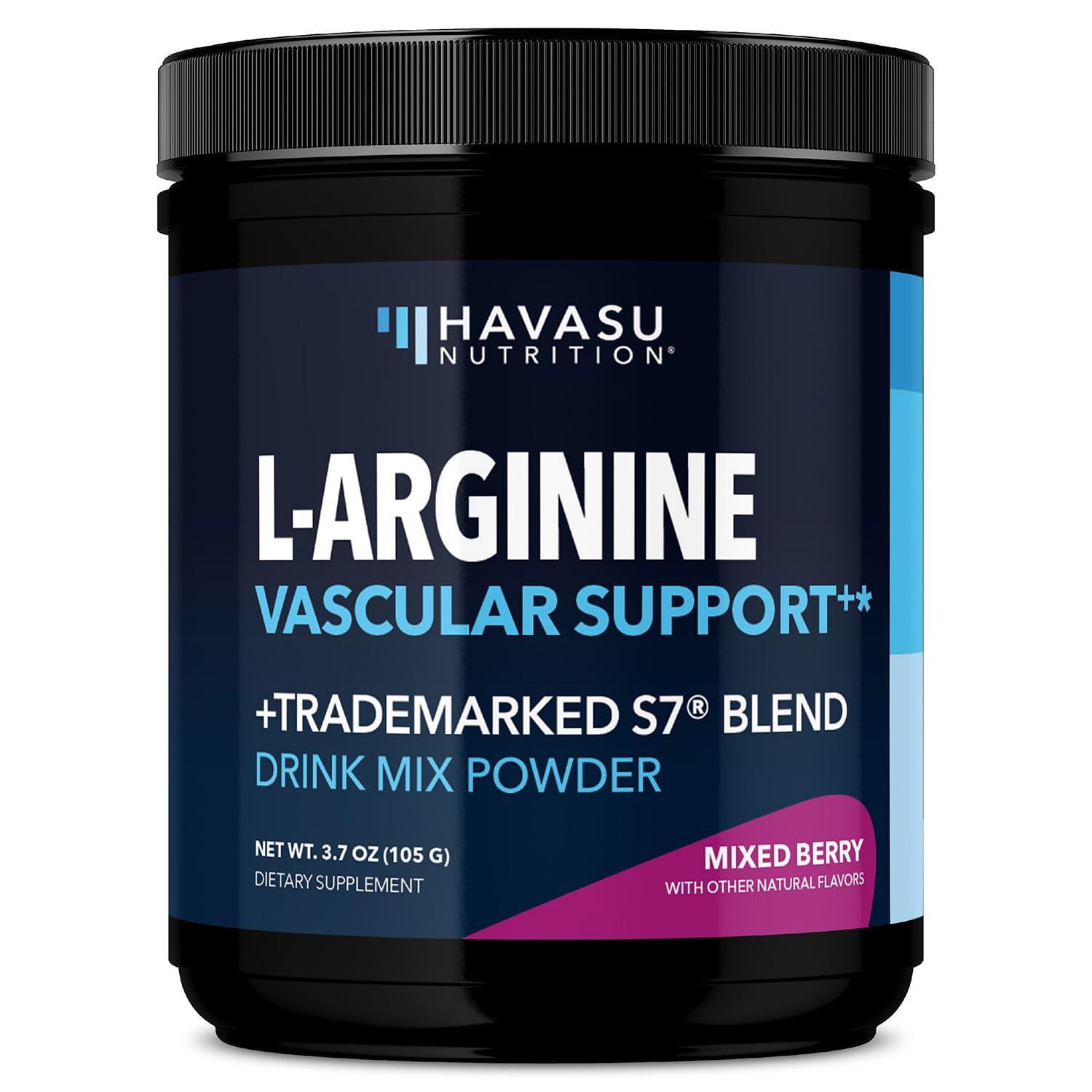 HAVASU NUTRITION L-Arginine powder bottle highlights vegan formula for daily endurance support.
