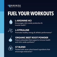 HAVASU NUTRITION L-Arginine powder with L-Citrulline visual emphasizes enhanced nitric oxide potential.