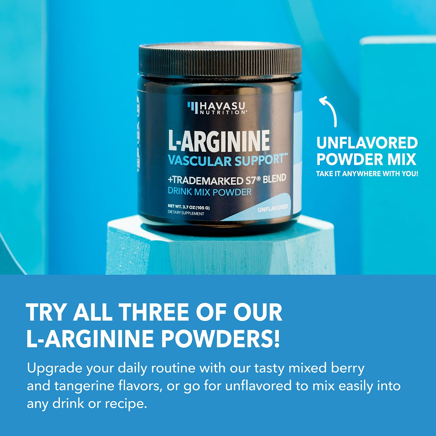 HAVASU NUTRITION L-Arginine powder mixed drink highlighting versatile flavor-neutral use.