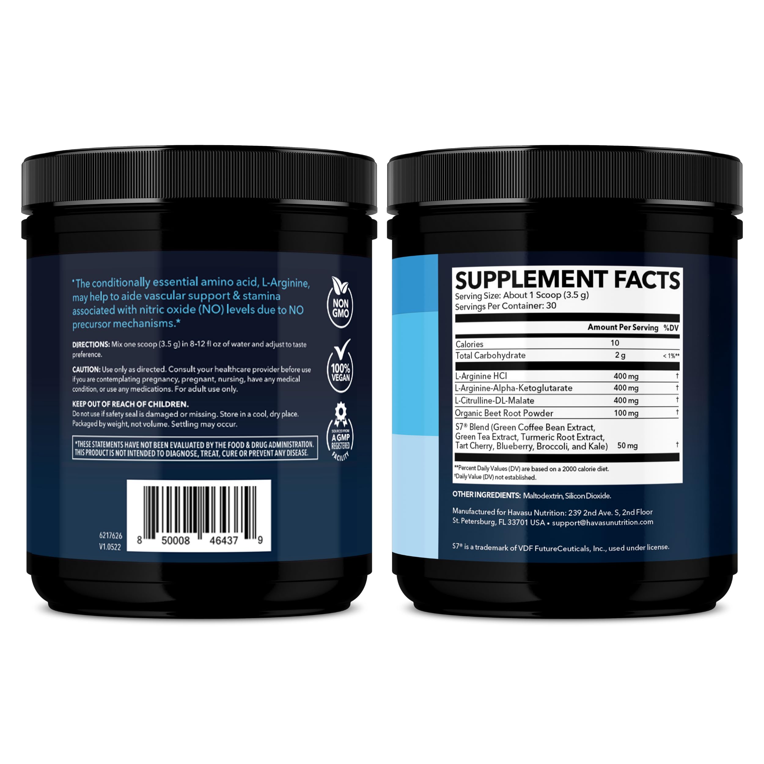 HAVASU NUTRITION L-Arginine powder vegan ingredients highlight plant-based option.