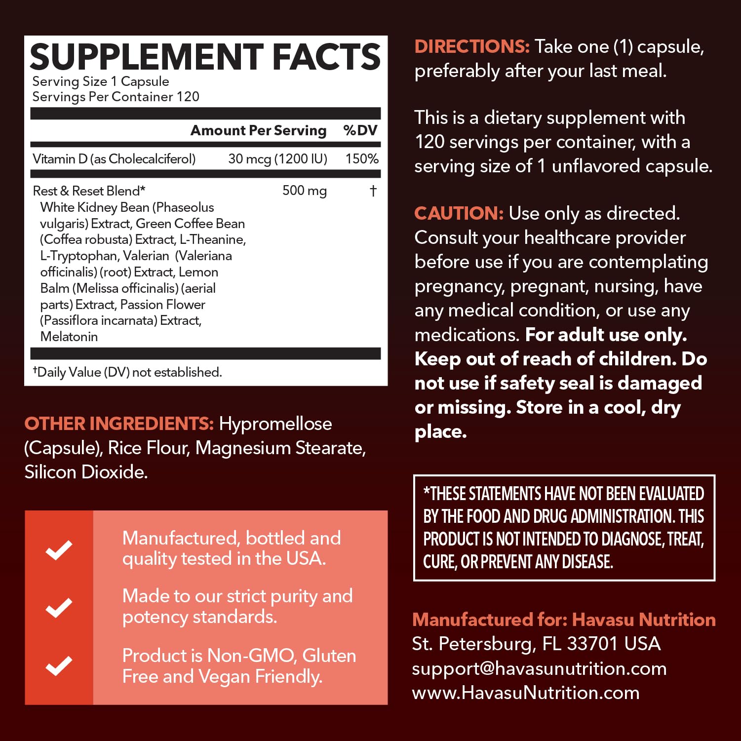 HAVASU NUTRITION night-time fat burner ingredients highlighting green coffee bean and sleep aids