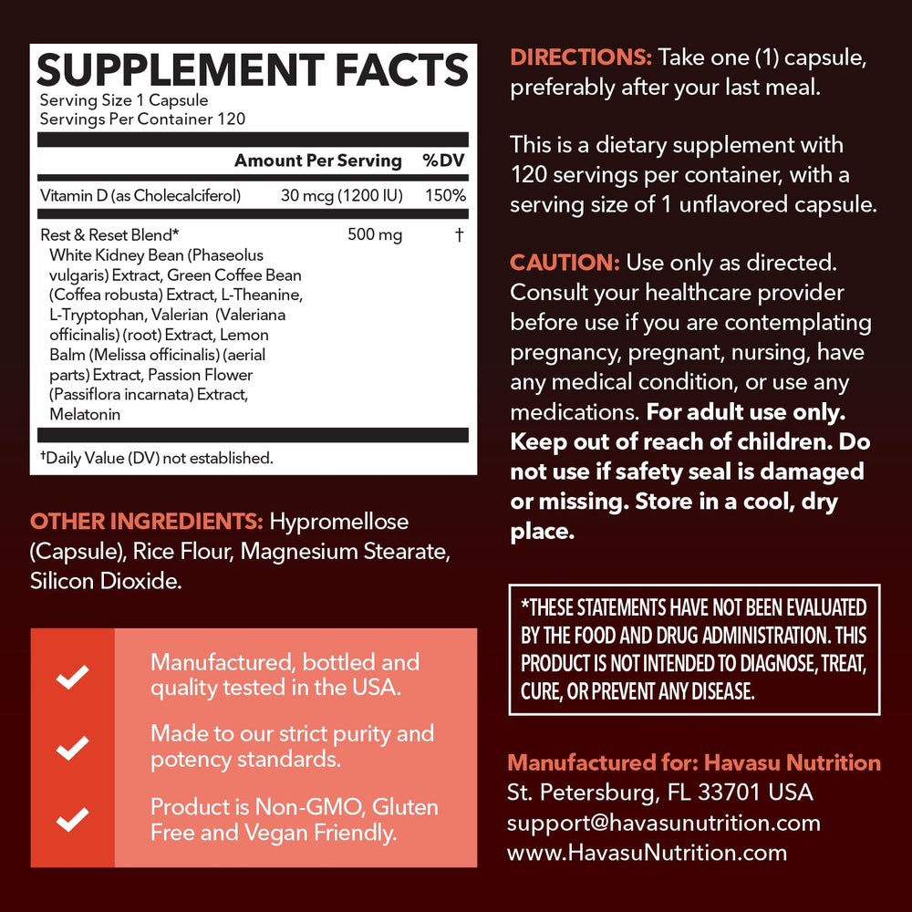 HAVASU NUTRITION night-time fat burner ingredients highlighting green coffee bean and sleep aids