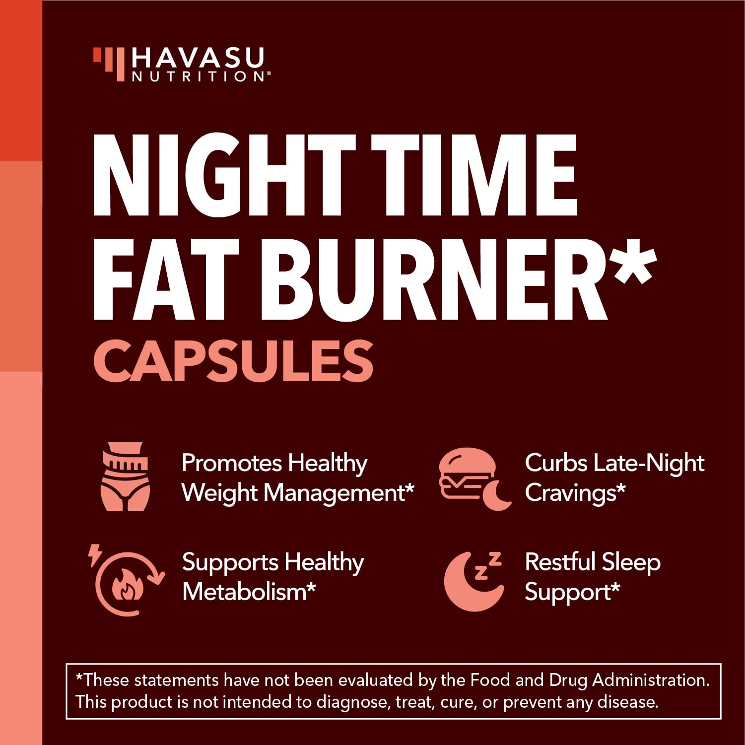 HAVASU NUTRITION night-time fat burner pills close-up showing capsules for late-night support