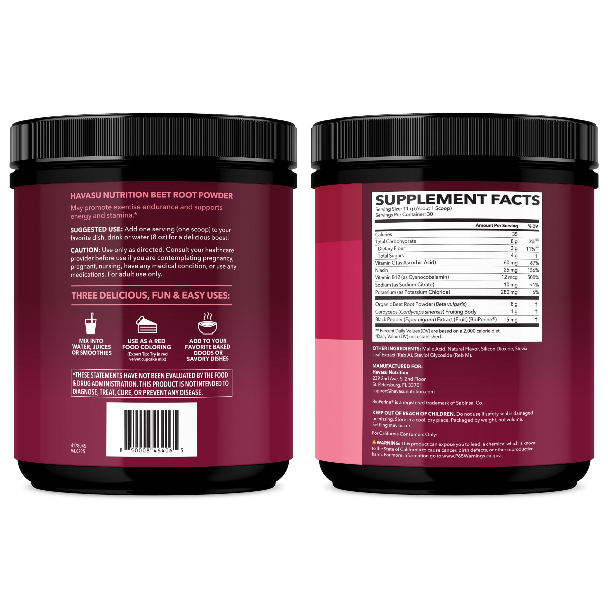 HAVASU Nutrition Organic Beet Root Powder packaging showing servings