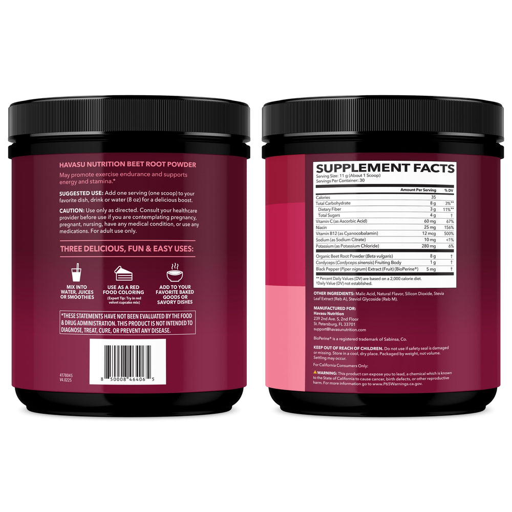 HAVASU Nutrition Organic Beet Root Powder packaging showing servings
