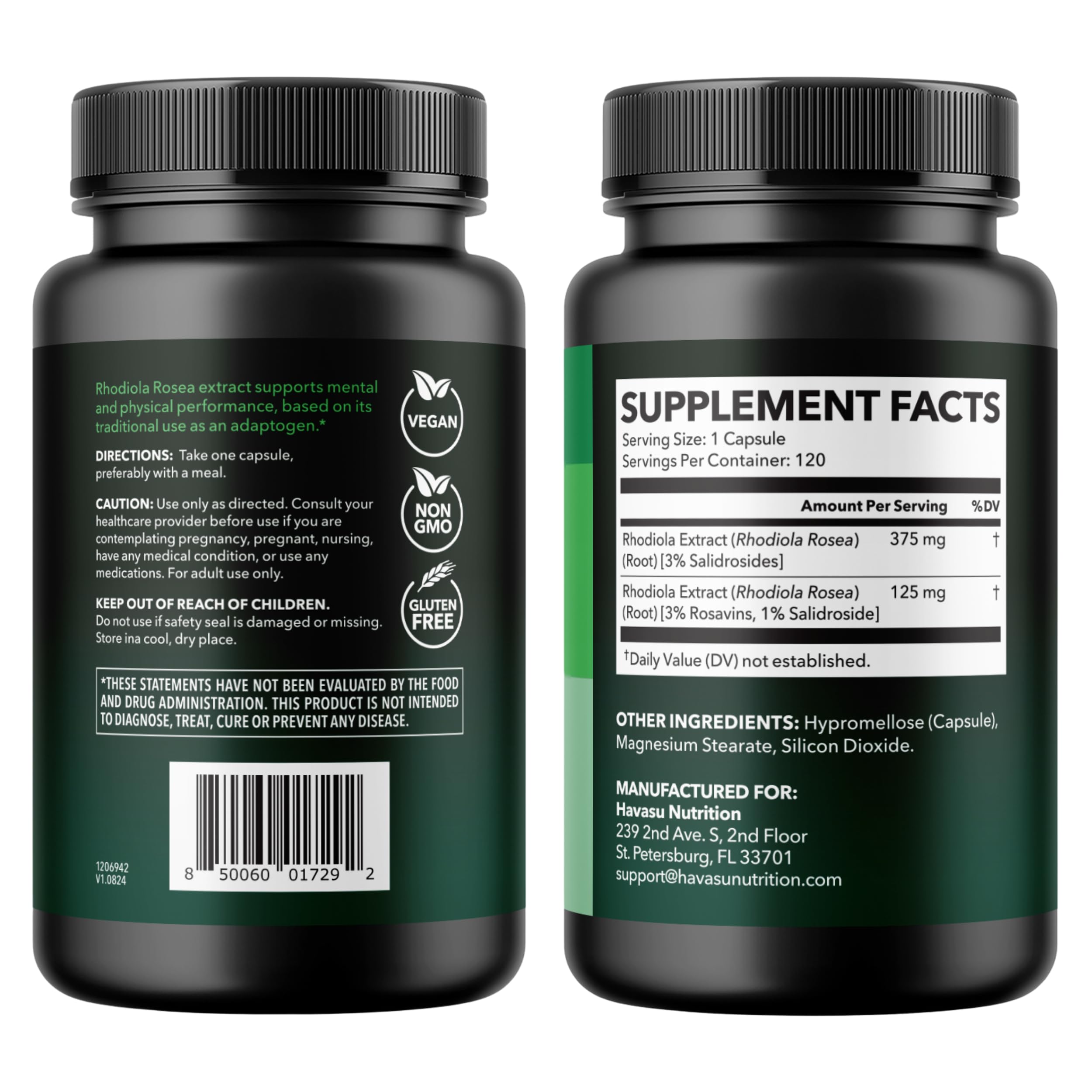 3D render of HAVASU Rhodiola bottle emphasizing wellness support