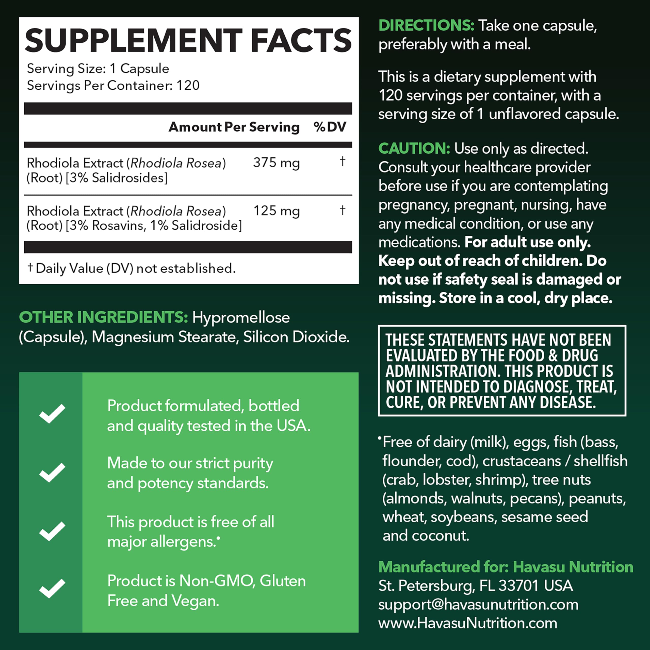 Rhodiola Rosea bottle label shows standardized 3% salidrosides for consistency