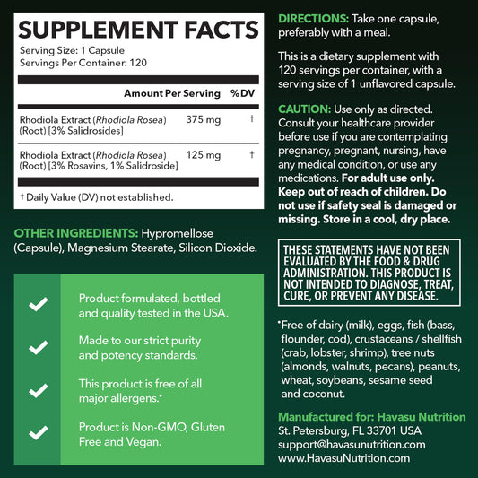 Rhodiola Rosea bottle label shows standardized 3% salidrosides for consistency