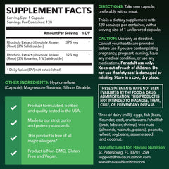 Rhodiola Rosea bottle label shows standardized 3% salidrosides for consistency