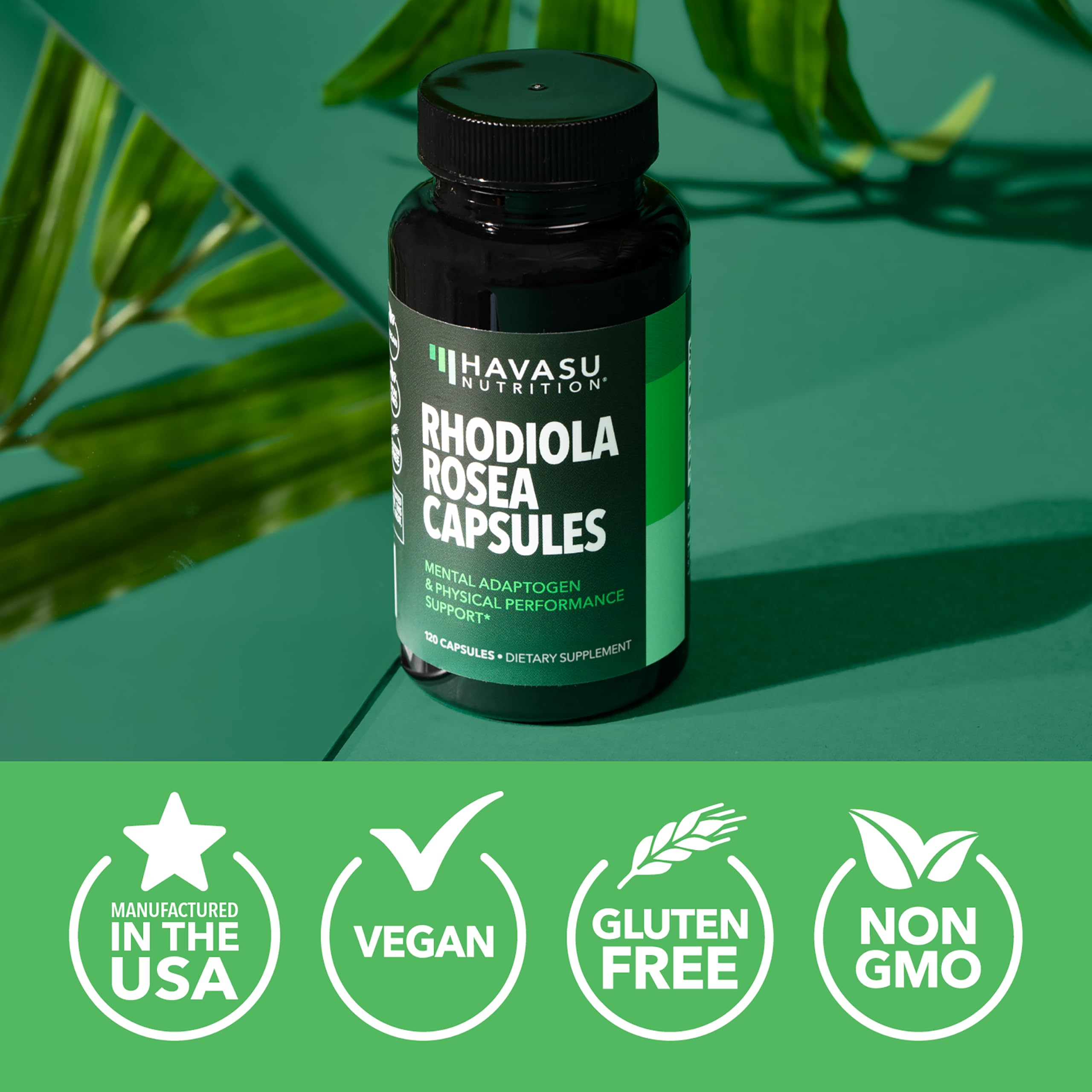 Rhodiola bottle with glass and clean branding from HAVASU NUTRITION