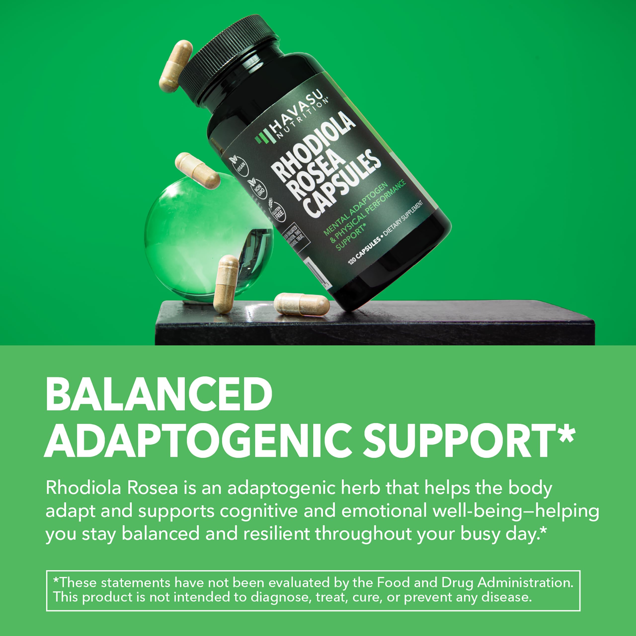 Close-up of HAVASU NUTRITION Rhodiola capsules highlighting vegan, non-GMO, gluten-free formula