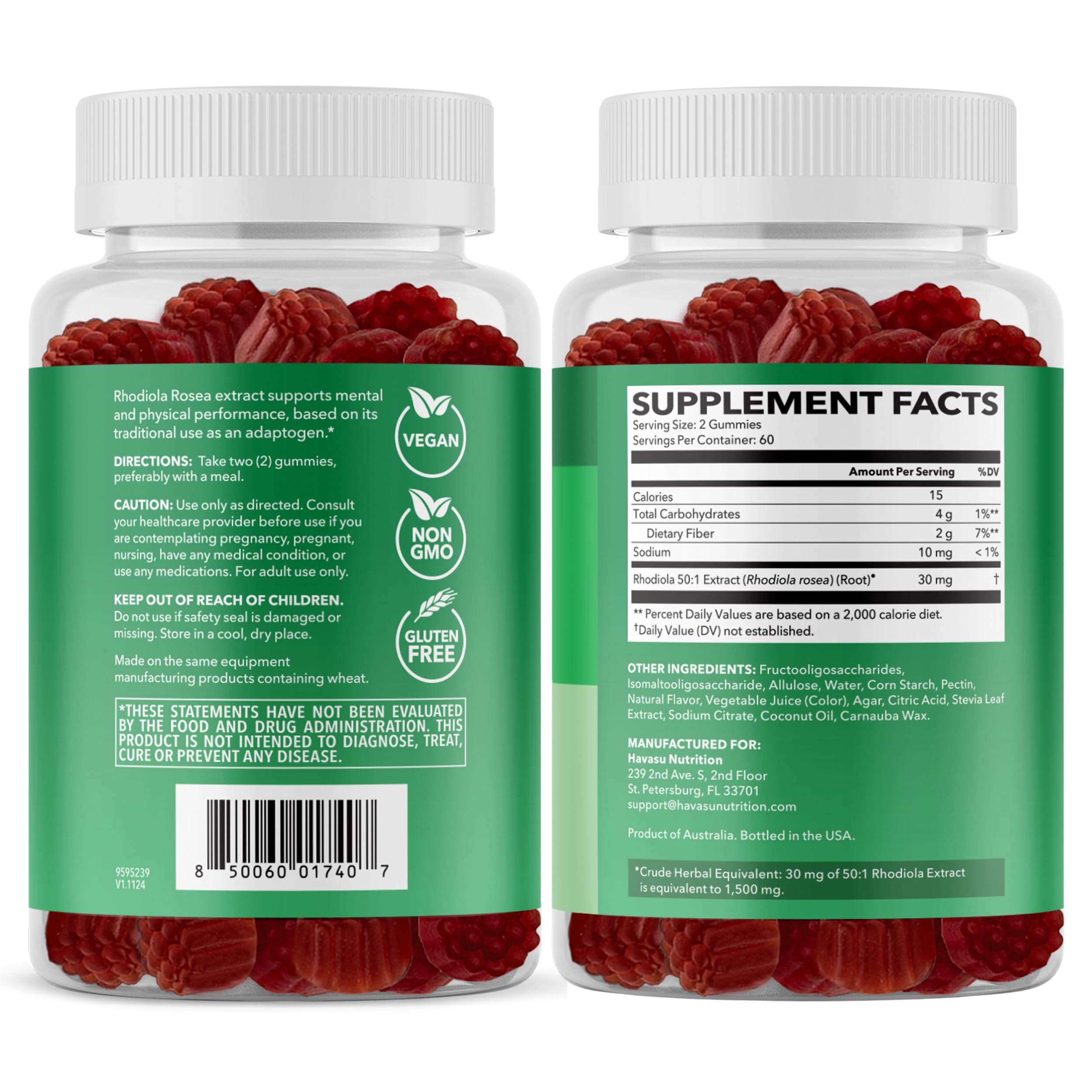 HAVASU NUTRITION Rhodiola Gummies 2-month supply box on counter.
