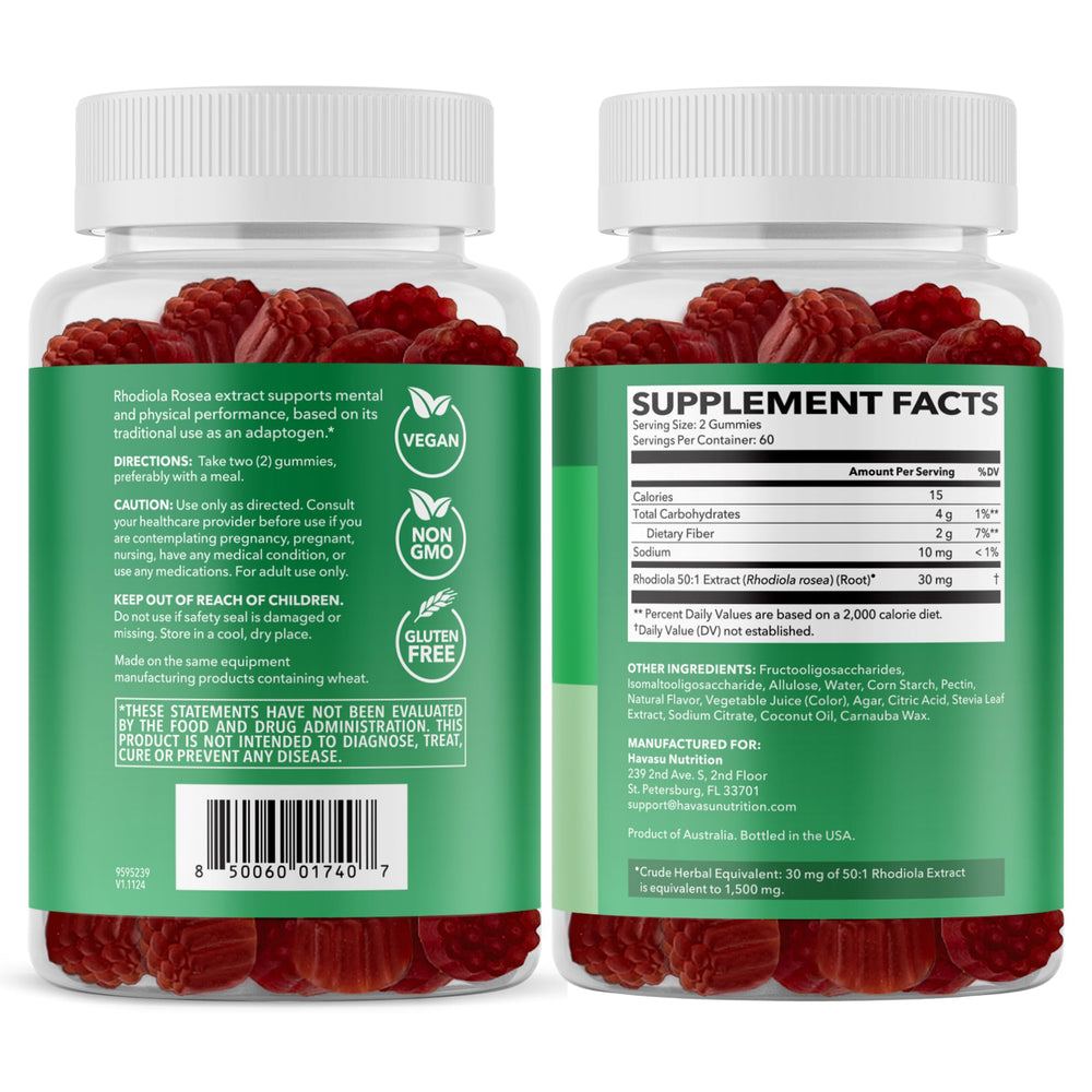 HAVASU NUTRITION Rhodiola Gummies 2-month supply box on counter.