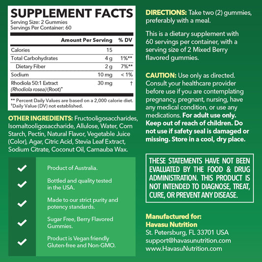 HAVASU NUTRITION Rhodiola Gummies closeup highlights mixed berry flavor.