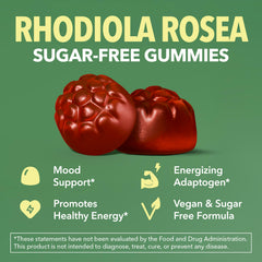 HAVASU NUTRITION Rhodiola Gummies dispensing jar highlights sugar-free vegan gluten-free benefits.