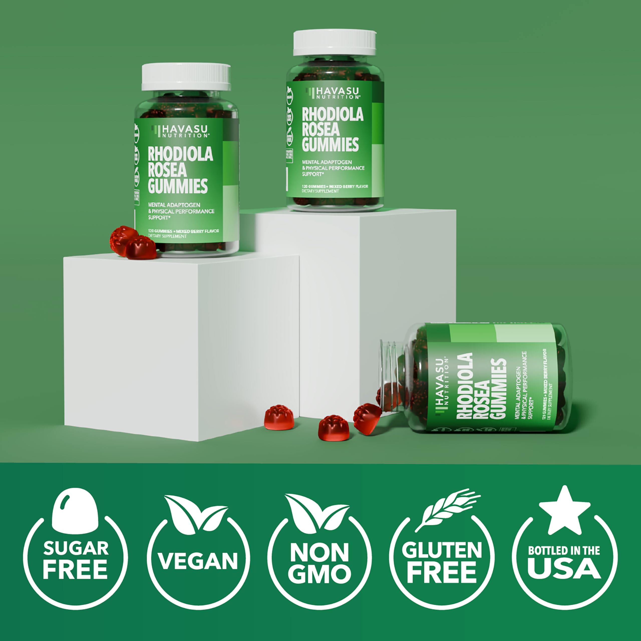 HAVASU NUTRITION Rhodiola Gummies roots illustration emphasizes plant source.