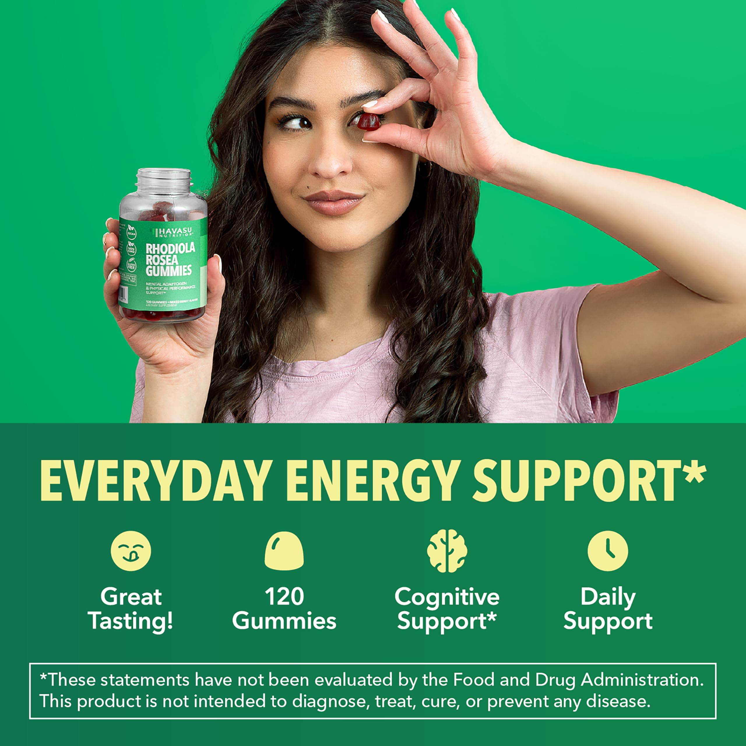 HAVASU Rhodiola Gummies serving two demonstrates daily intake for energy support.