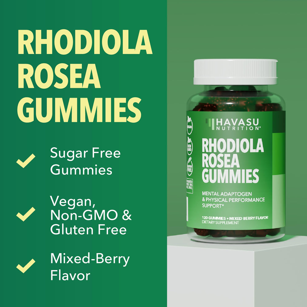 HAVASU NUTRITION Rhodiola Gummies vegan gluten-free label close-up.