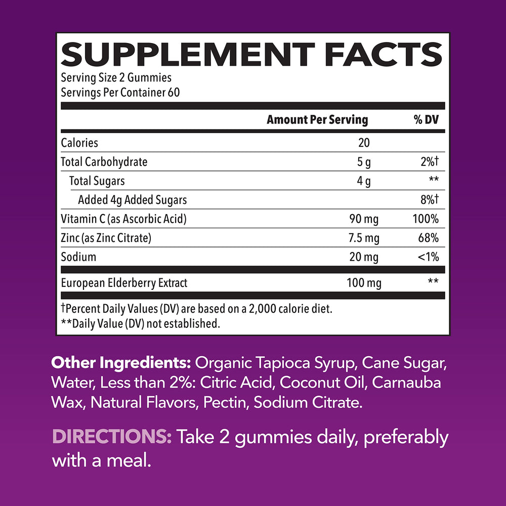 Sambucus Elderberry Gummies label close-up highlighting ingredients