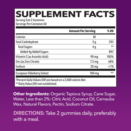 Sambucus Elderberry Gummies label close-up highlighting ingredients