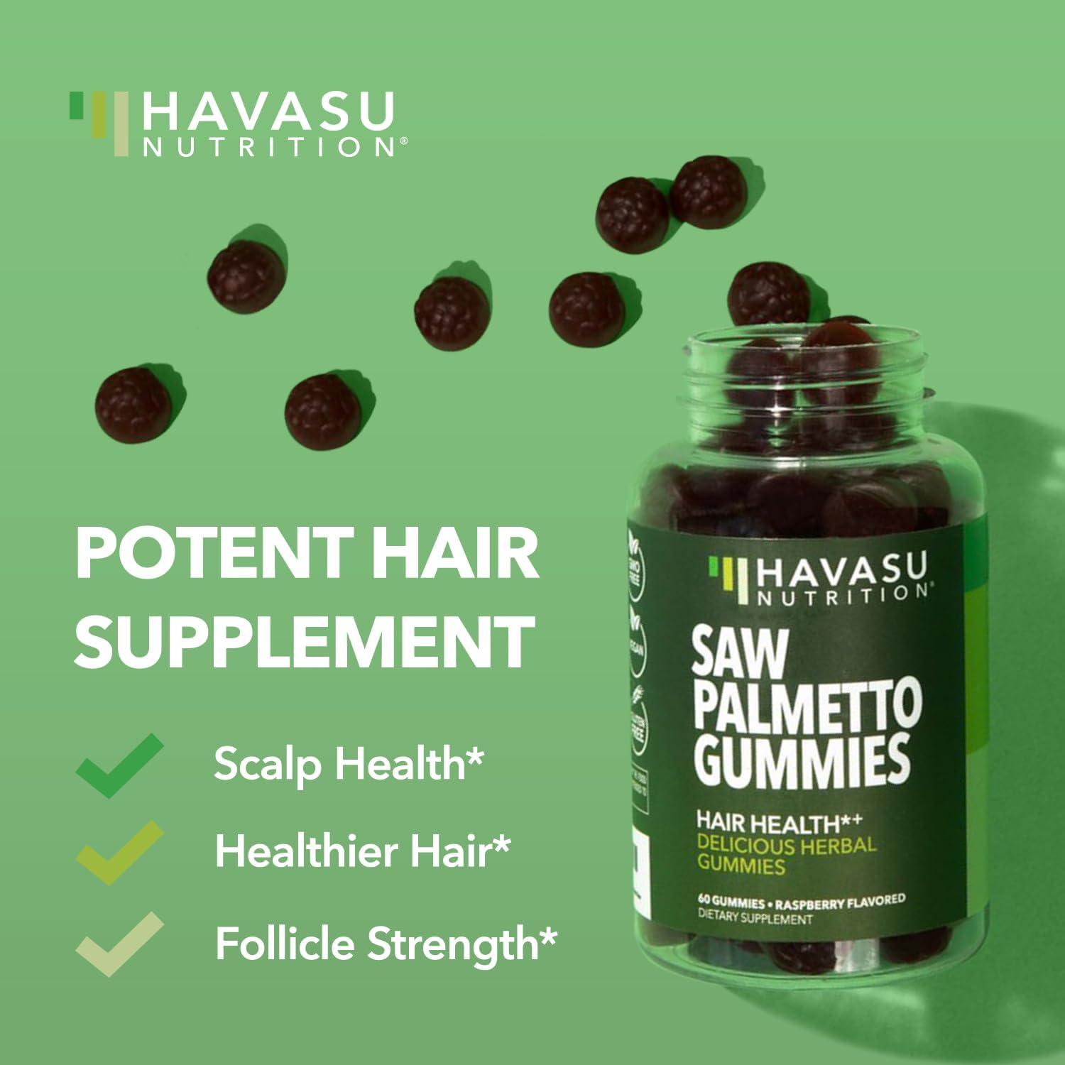 HAVASU Nutrition Saw Palmetto Gummies label close-up highlighting vegan formula.