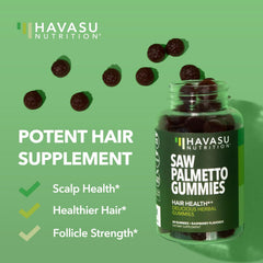 HAVASU Nutrition Saw Palmetto Gummies label close-up highlighting vegan formula.