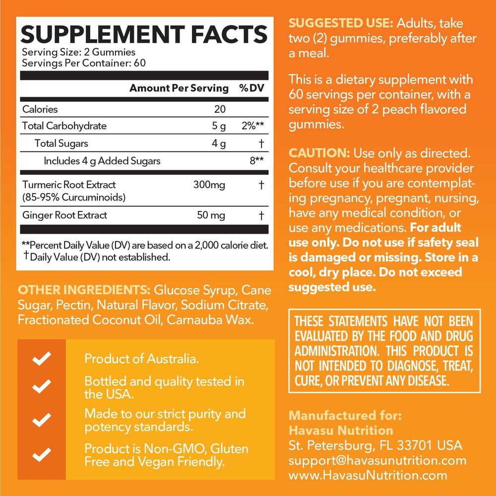HAVASU NUTRITION turmeric gummies ginger root ingredients close-up highlights components