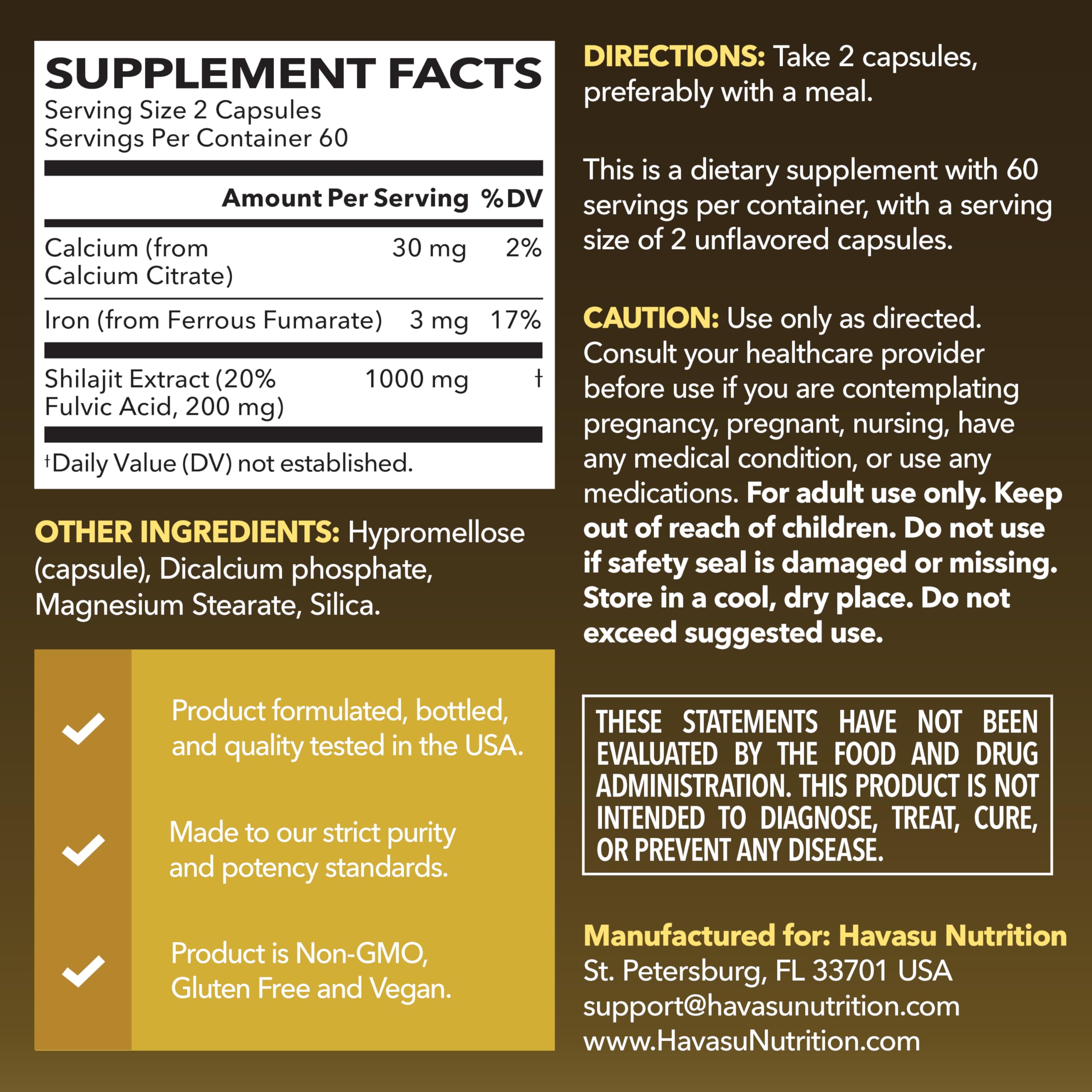 Havasu Shilajit Capsules bottle back label with supplement facts.