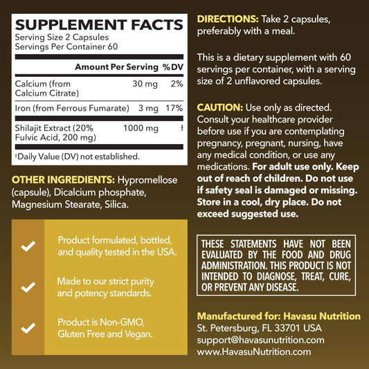 Havasu Shilajit Capsules bottle back label with supplement facts.