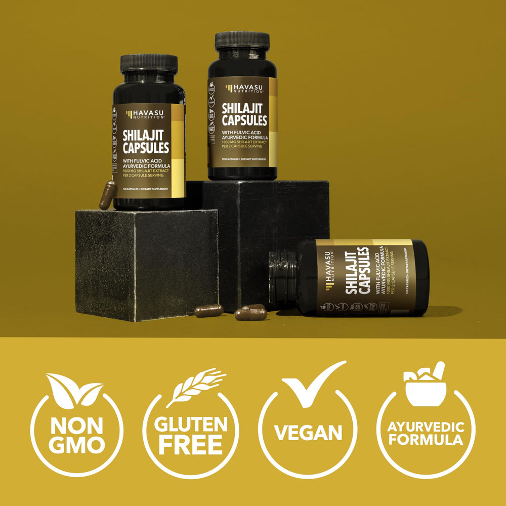 Havasu Shilajit Capsules vegan and non-GMO certification badge on packaging.