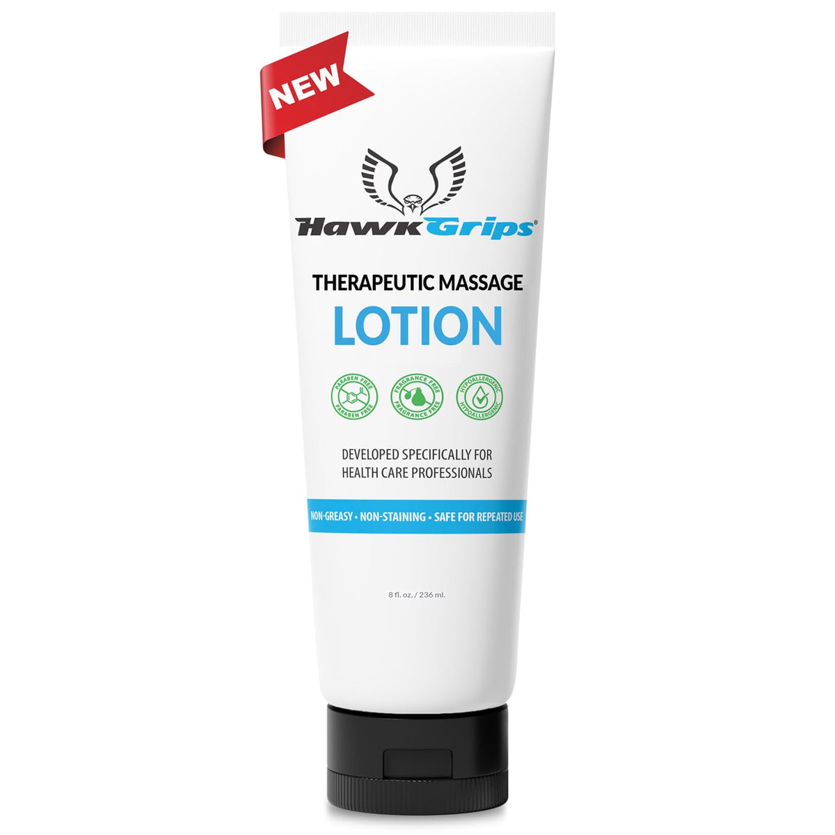 HawkGrips therapeutic massage lotion bottle with smooth glide for professional sessions.