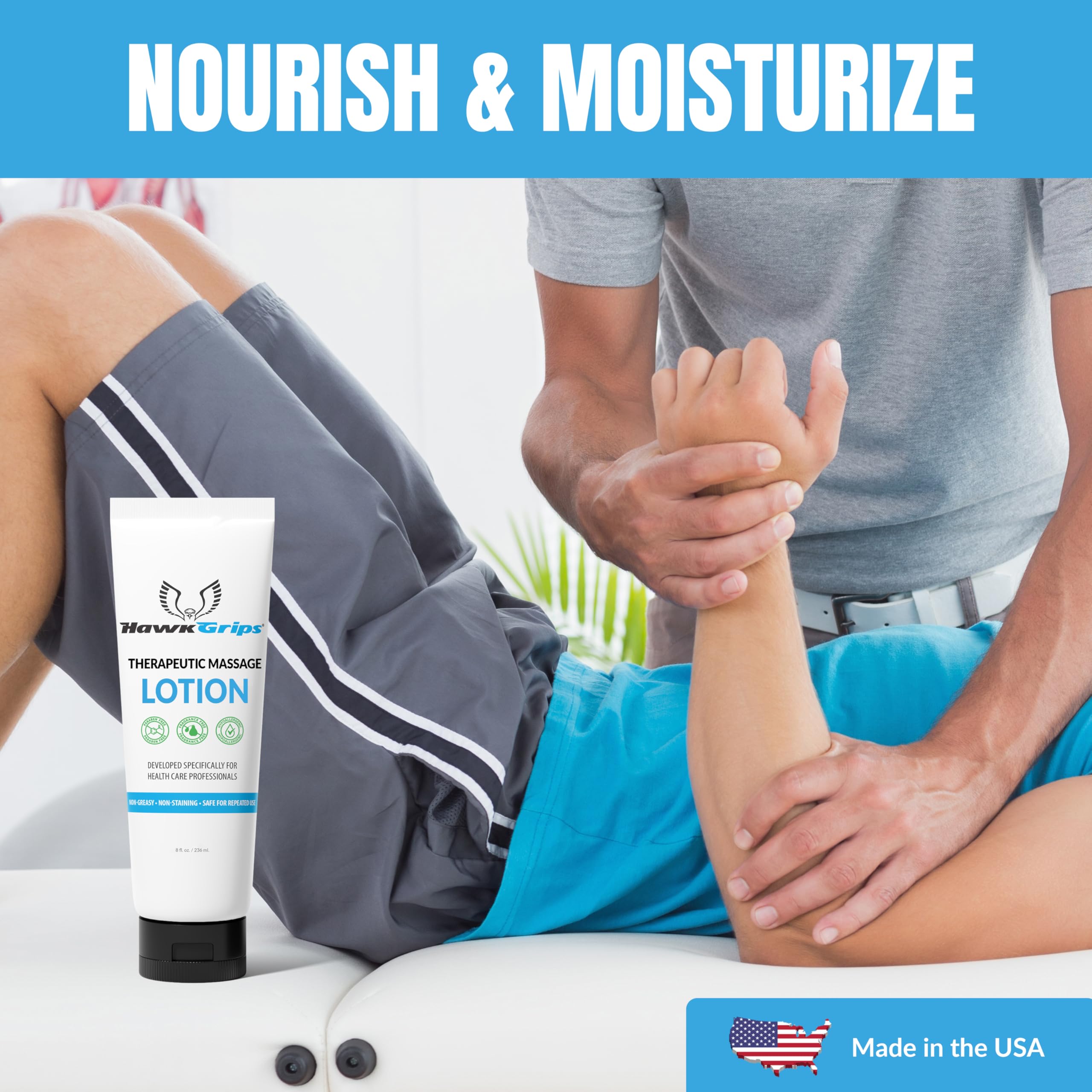 HawkGrips unscented massage lotion applied, skin-friendly formula nourishes without irritation.