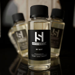 HAYATISCENT My Way oud wood and leather blend close-up.