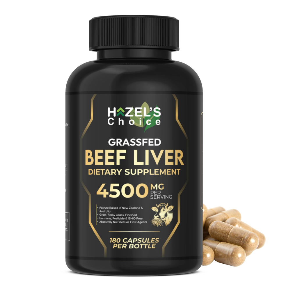 HAZEL'S Choice grassfed beef liver capsules bottle on shelf for convenient daily nutrition.