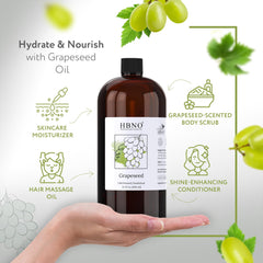 HBNO Grapeseed Oil label close-up showing hexane-free claim.