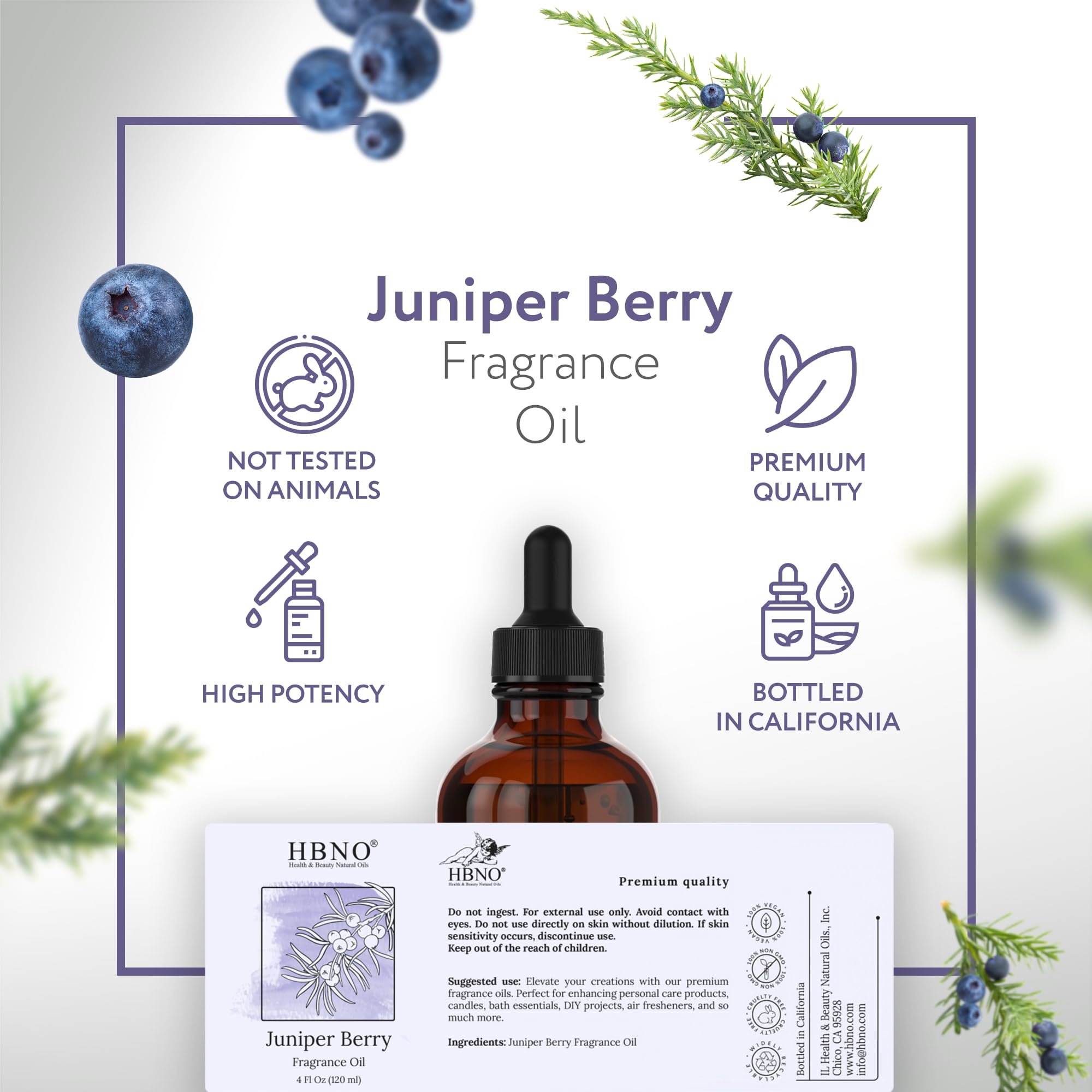 HBNO Juniper Berry Oil bottle shown ready for diffuser or steam room aromatherapy.