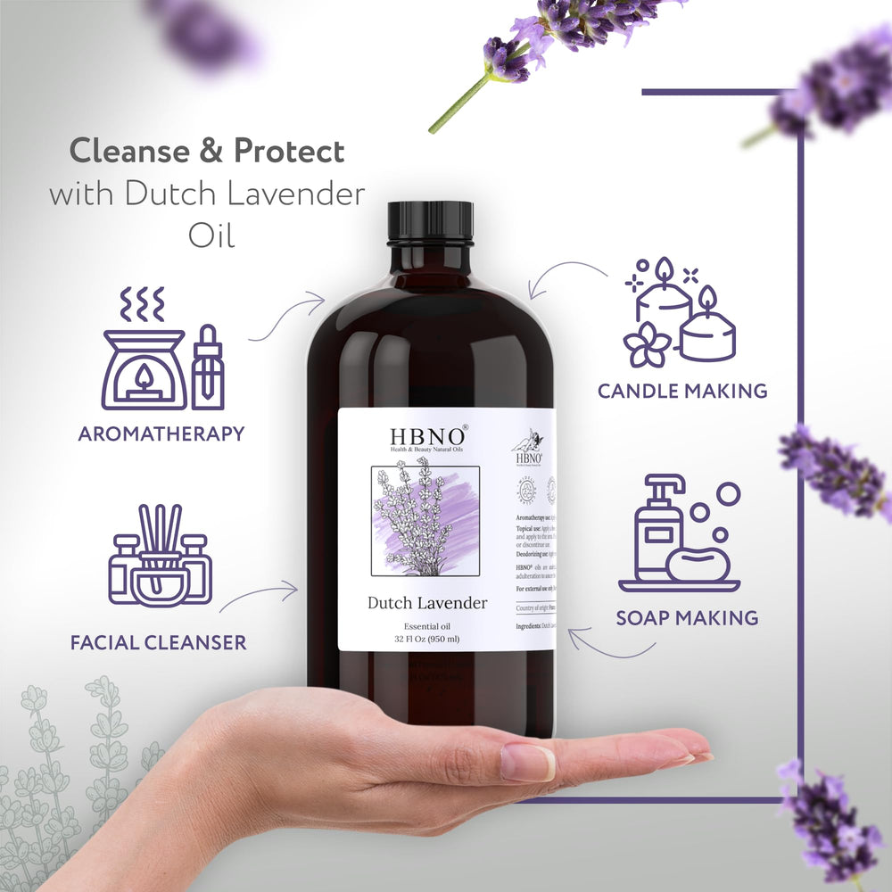 HBNO Lavender Dutch Oil glass bottle close-up showing premium packaging protection