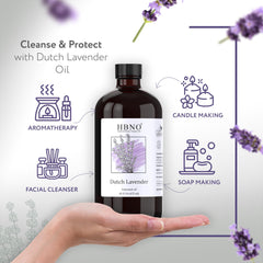 HBNO Lavender Dutch Oil label closeup highlights hexane-free, virgin lavender for pure blends.
