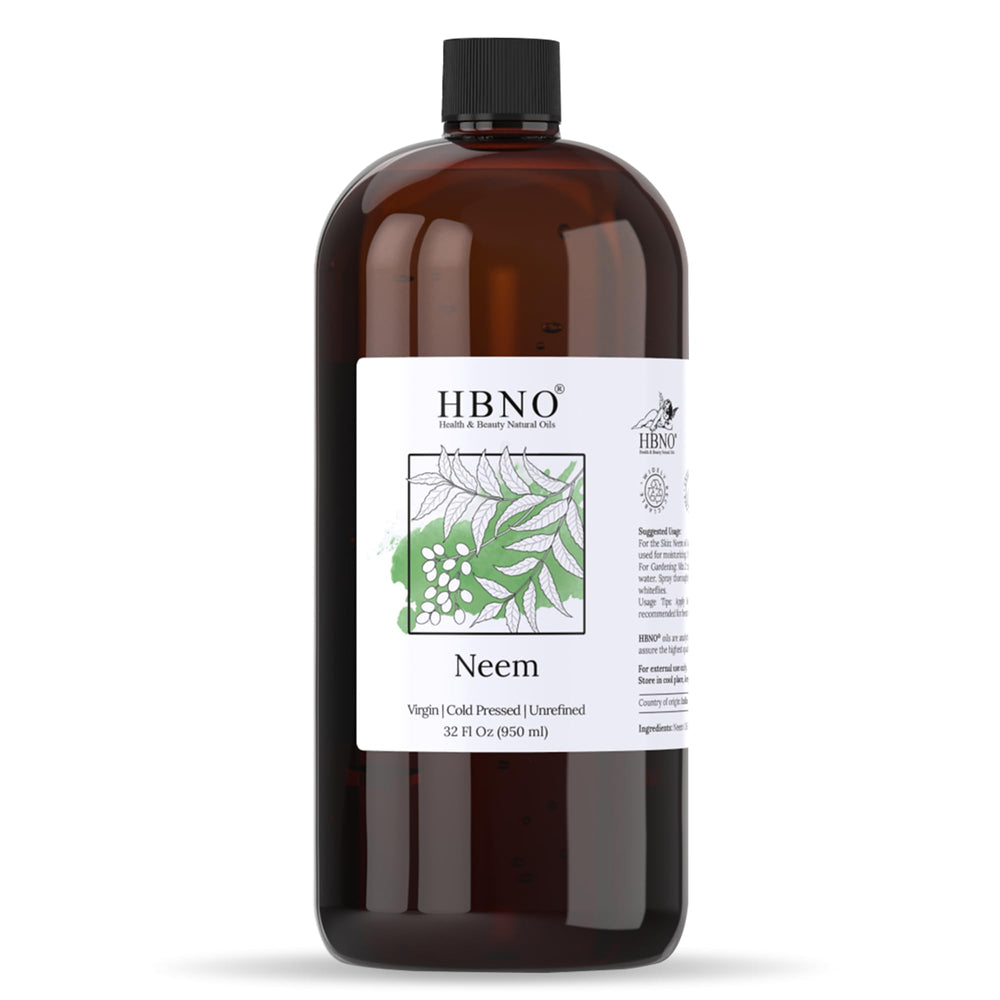 HBNO Neem Oil 32oz bottle highlights premium packaging for skincare and haircare.