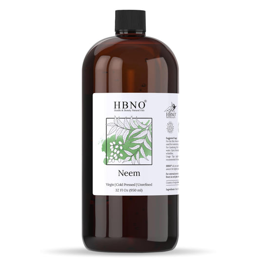 HBNO Neem Oil 32oz bottle highlights premium packaging for skincare and haircare.
