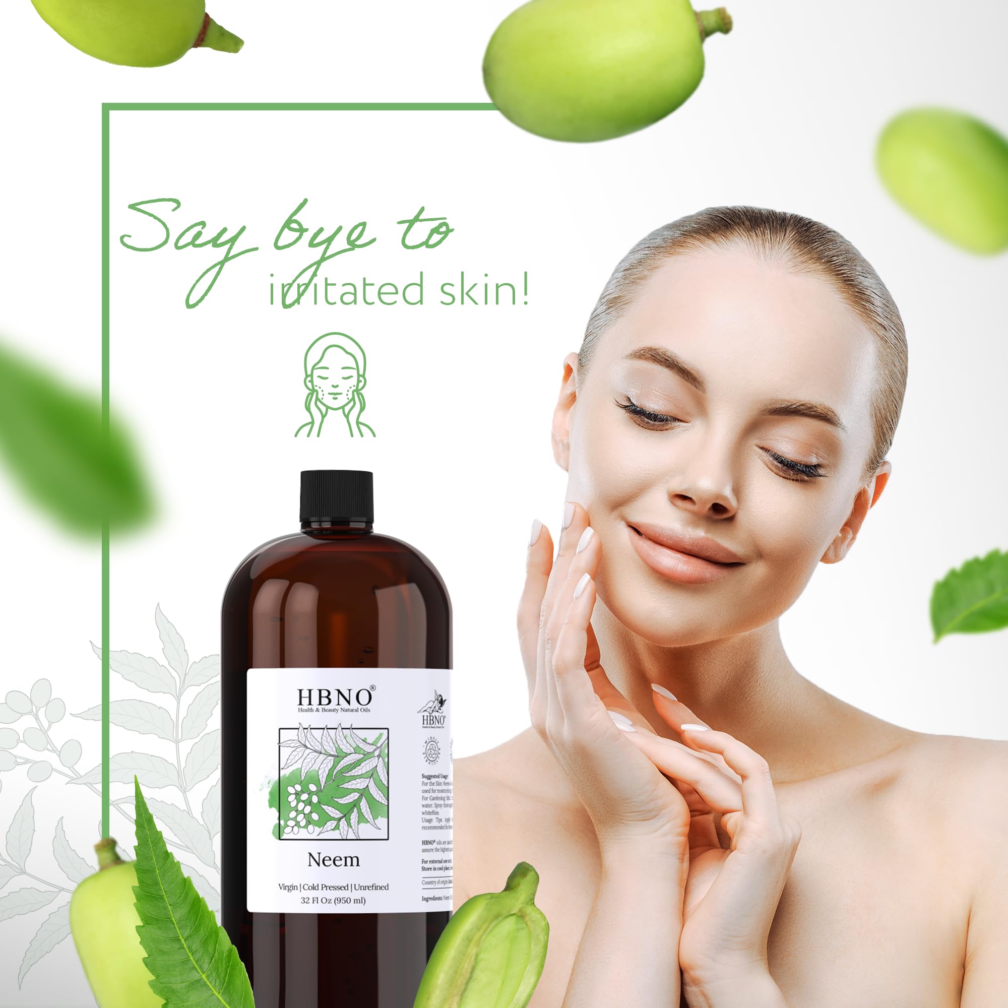 HBNO Neem Oil seeds image emphasizes natural sourcing and virgin cold-pressed oil.